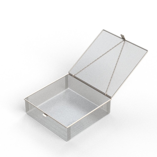 Anysizebasket Light Duty Basket: 10Lx10Wx3H, 304 SS, Hinged Lid with Thumb Clasp, No Handles, Mesh: 4 x .032 FLB-100100030-L04S - main